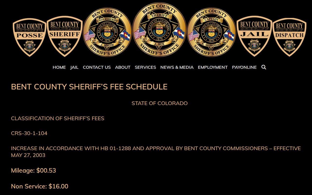 Bent County arrest records sheriff process and report fee schedule