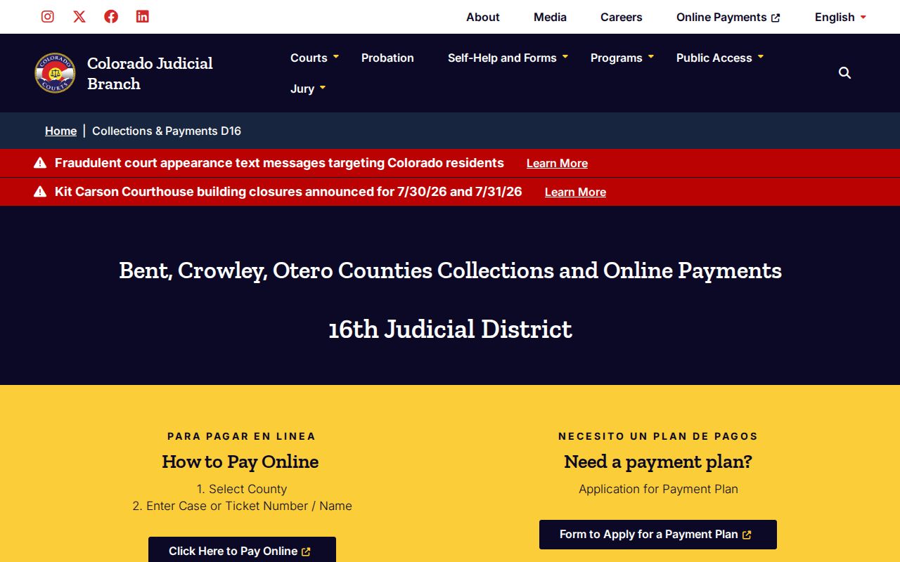 Bent County court dockets 16th Judicial District collections and payments