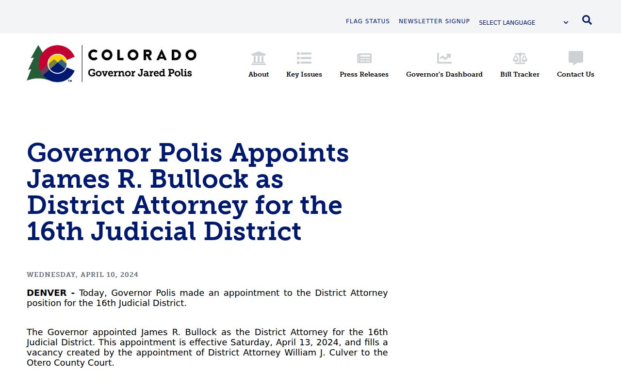 Bent County criminal court records 16th Judicial District Attorney appointment