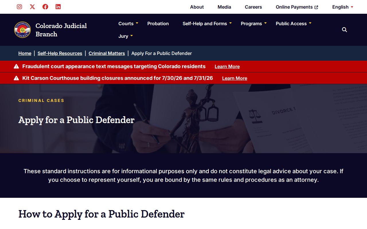 Bent County criminal court records Colorado public defender application
