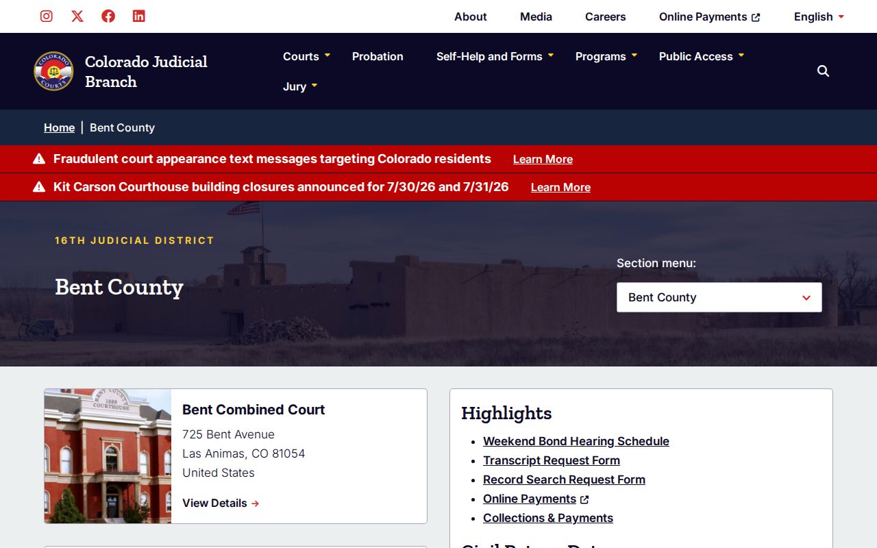 Bent County court records search on the Colorado Judicial Branch Bent County page