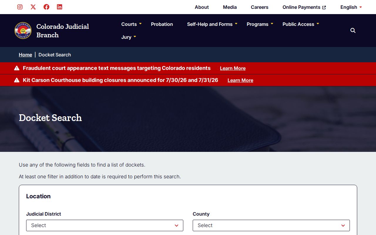 Bent County court docket search fields for Colorado Judicial Branch dockets