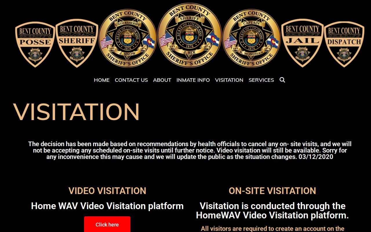 Bent County inmate records HomeWAV visitation rules