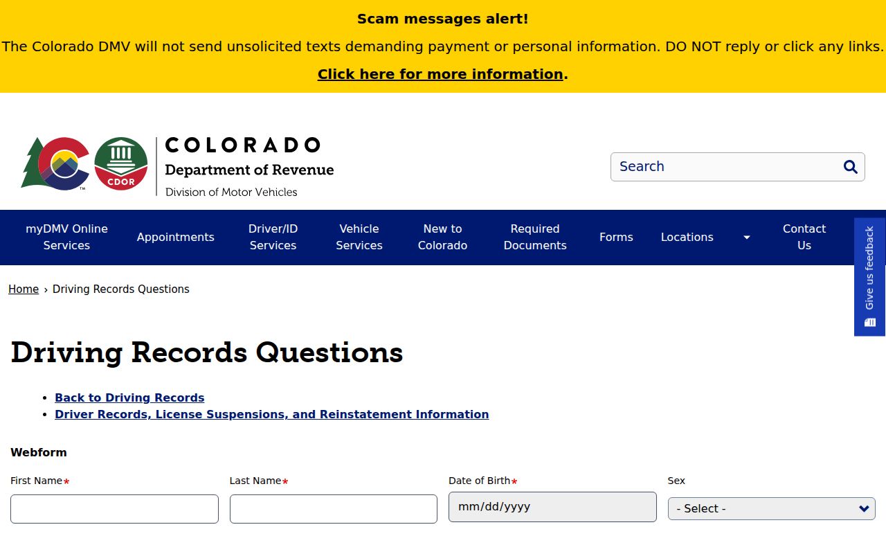Bent County traffic court records DMV driving record questions form